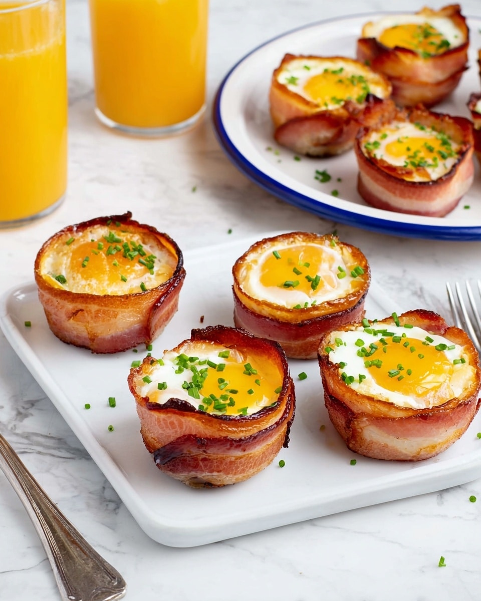 The image shows six bacon-wrapped egg cups, with three neatly placed side by side on a white rectangular plate in the front and three on a white round plate with a blue rim in the background. Each cup has a crispy, reddish-brown bacon layer wrapped around the outside, holding a cooked yellow egg yolk surrounded by white egg whites with a slightly browned edge. Chopped green chives are sprinkled on top of each egg, adding a fresh touch. The plates rest on a white marbled surface. Two glasses of orange juice and a silver fork are partially visible around the edges. photo taken with an iphone --ar 4:5 --v 7