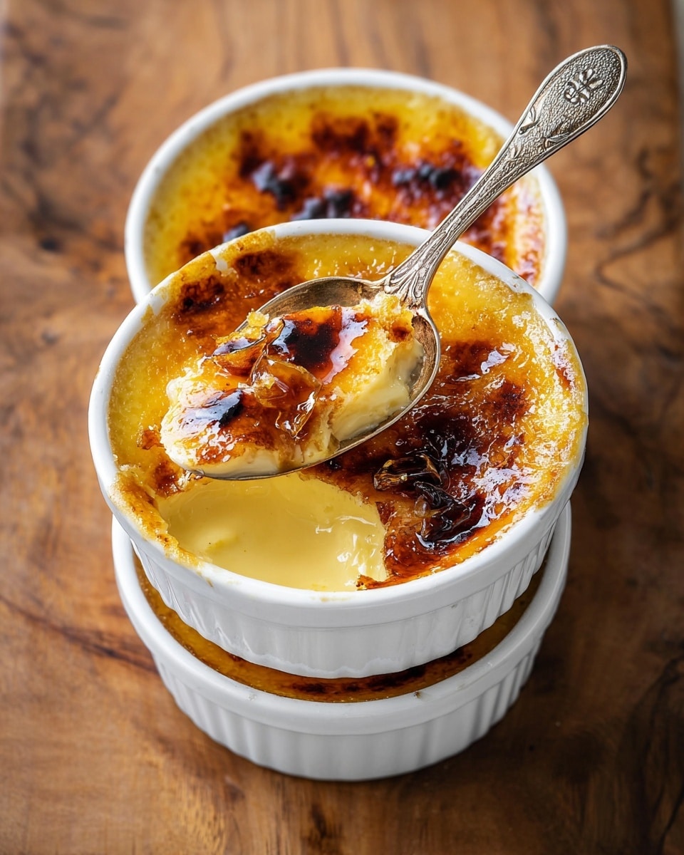 The image shows three white ceramic ramekins stacked, each filled with a creamy yellow custard base topped with a dark golden-brown burnt sugar crust that is cracked and broken in the front ramekin, revealing the smooth, pale custard underneath. A silver spoon with an ornate handle is scooping from the top ramekin, breaking the glazed caramelized top layer into shiny, burnt shards. The stack sits on a wooden surface, which should be imagined as a white marbled texture. photo taken with an iphone --ar 4:5 --v 7
