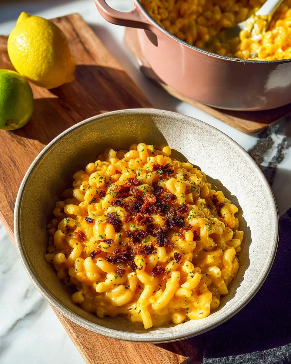 A round white bowl holds a creamy, bright orange macaroni and cheese topped with dark brown, crispy bits and sprinkled with green herbs. The macaroni is elbow-shaped and covered in smooth, melted cheese with some browned spots on top. In the background, there is a pink pot filled with more macaroni and cheese, placed partly on a white marbled surface. A lemon and a lime rest nearby on the wooden table, with soft natural light casting shadows across the scene. photo taken with an iphone --ar 4:5 --v 7