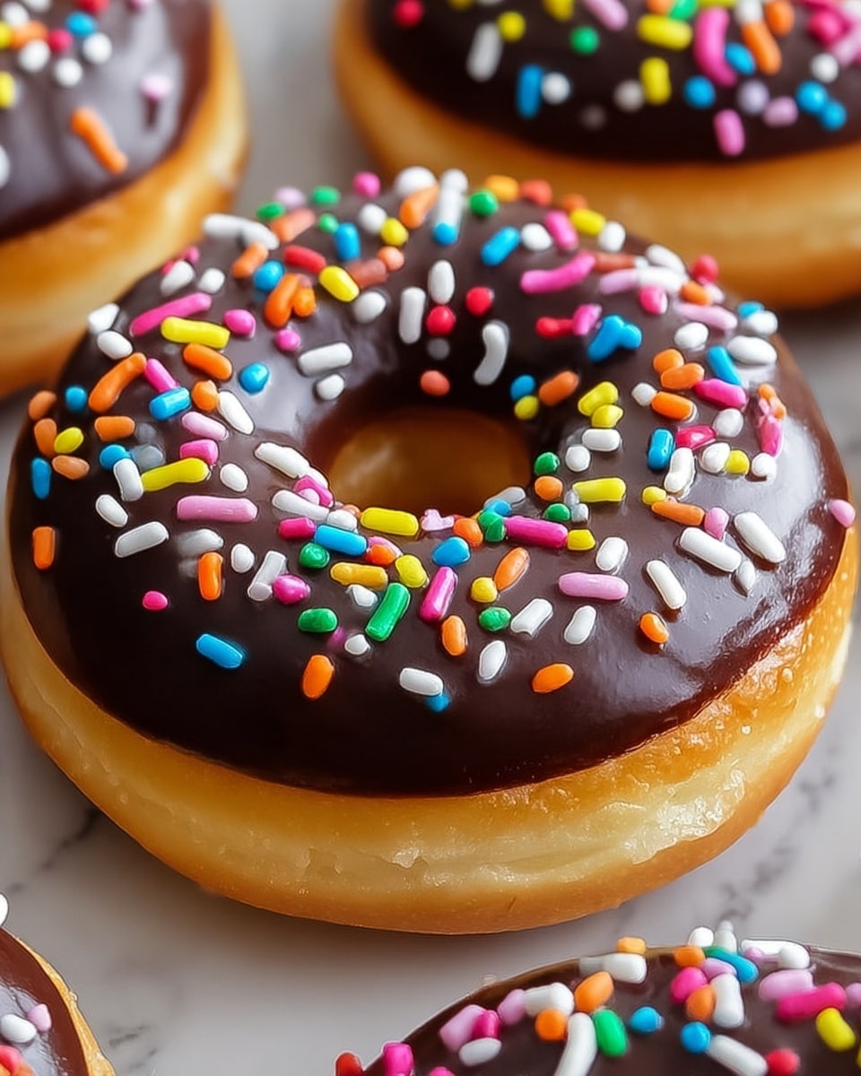 A close-up of a single donut with one layer of light golden-brown dough topped with a thick layer of dark chocolate glaze that has a shiny, smooth texture. The chocolate glaze is covered with many small, colorful sprinkles in bright colors like yellow, red, green, pink, blue, white, and orange spread evenly over the surface. The donut rests on a white plate against a white marbled background, and the edges of other donuts with the same toppings are slightly visible around it. photo taken with an iphone --ar 4:5 --v 7