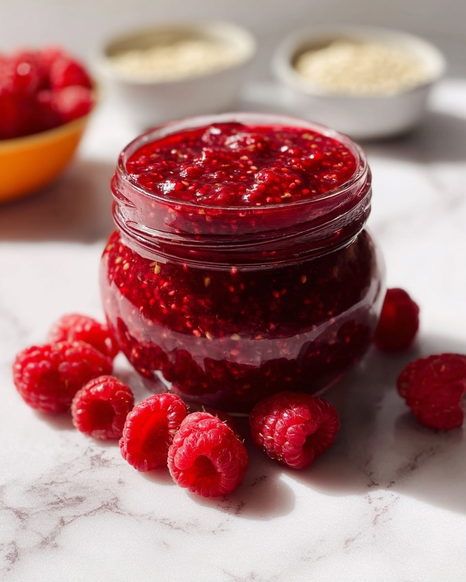A clear glass jar filled to the top with thick, bright red raspberry jam that shows whole raspberry seeds and some larger berry chunks inside. The jam’s texture looks smooth but slightly chunky, with a glossy surface catching the sunlight. Around the jar on a white marbled surface, there are fresh, plump raspberries with a soft, bumpy texture and deep red color. In the background, slightly out of focus, there are small white and orange bowls with light-colored grains and more raspberries. photo taken with an iphone --ar 4:5 --v 7