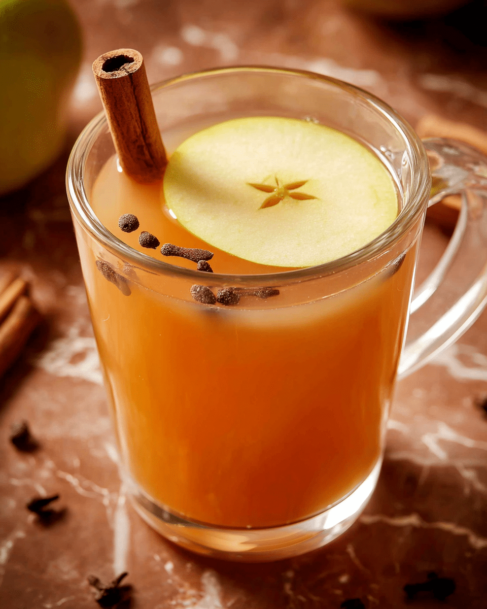 A clear glass mug filled with a warm orange-brown liquid, likely spiced tea or cider, with a cinnamon stick standing upright inside. Floating on the surface are two pale yellow apple slices with visible seeds and two small dark cloves. The mug sits on a brown wooden surface scattered with more cloves and cinnamon sticks, with another glass mug blurred in the background. The scene is softly lit, emphasizing the warm tones and textures of the drink and spices with a white marbled texture subtly visible behind. photo taken with an iphone --ar 4:5 --v 7