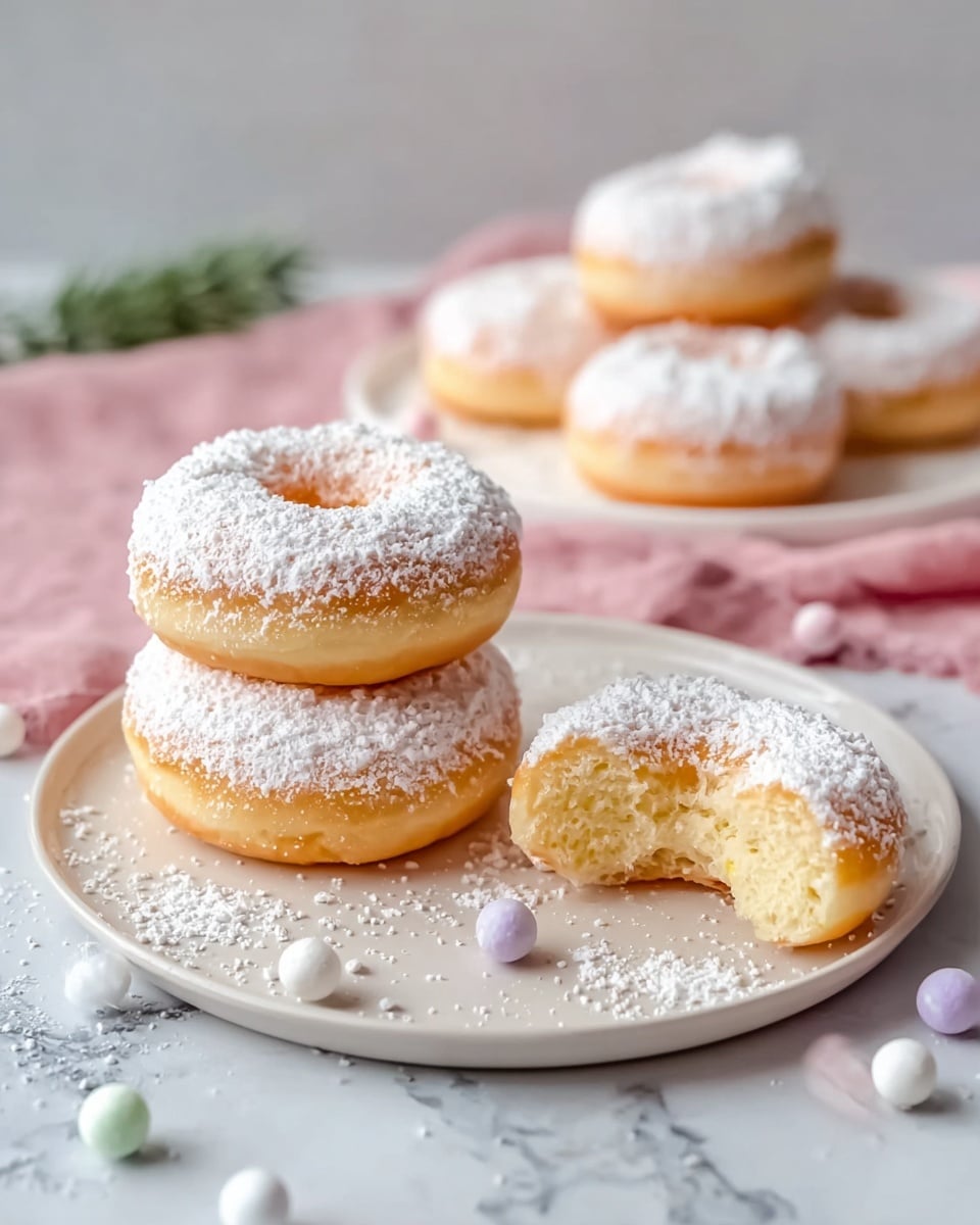 A white plate holds three soft, light-yellow donuts covered thickly with white powdered sugar. Two donuts are stacked on the left side of the plate, and one donut is on the right with a bite taken out, showing a fluffy, airy interior. In the background, more donuts dusted with powdered sugar sit on a white plate, all placed on a soft pink cloth against a white marbled surface. Small white and colorful candy balls are scattered around the plate, adding texture and color. Photo taken with an iphone --ar 4:5 --v 7