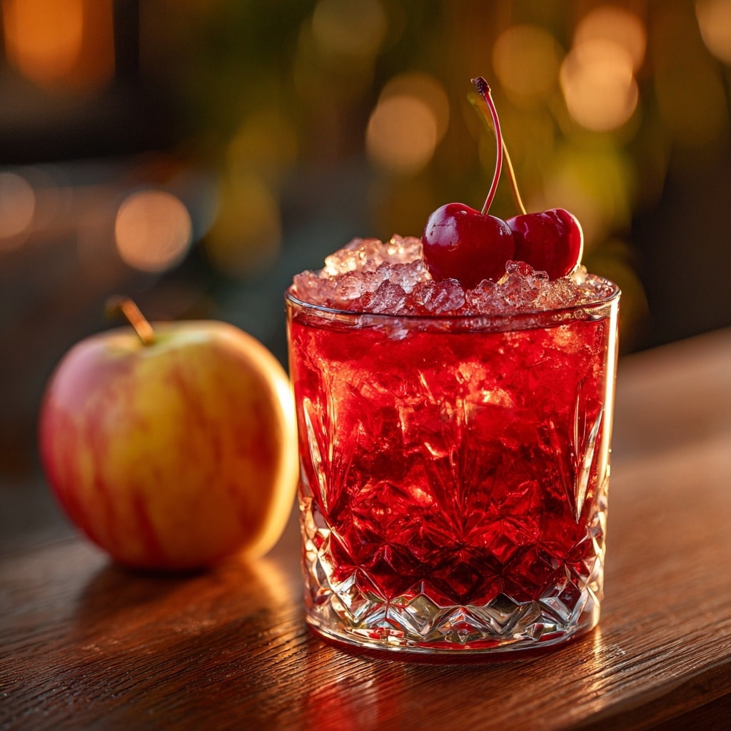 A clear, textured glass filled with deep red liquid sits on a wooden surface, packed with large ice cubes that make the drink look cold and refreshing. On top of the ice and liquid, two shiny, dark red cherries rest, adding a glossy touch to the drink. A small, yellow apple with red streaks and a short stem is placed on the rim of the glass, leaning slightly to one side. The background is softly blurred with warm golden lights. photo taken with an iphone --ar 4:5 --v 7
