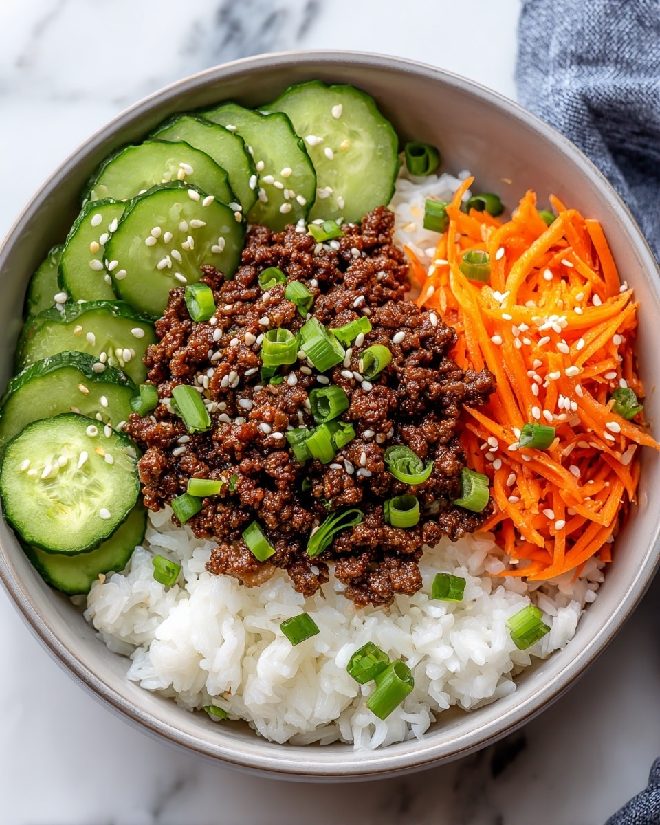 A bowl with four clear layers arranged in sections: the bottom layer is white sticky rice with a soft texture, taking up about one third of the bowl; next to it, finely shredded bright orange carrots are placed in a neat pile with a slightly glossy surface; next to the carrots, dark brown cooked ground meat with small bits and a moist look is topped with chopped green onion rings and sprinkled white sesame seeds; the last section shows fresh cucumber slices with a green skin and light green center, also sprinkled with sesame seeds. All ingredients are arranged inside a white bowl on a white marbled surface, with a blue cloth nearby. photo taken with an iphone --ar 4:5 --v 7