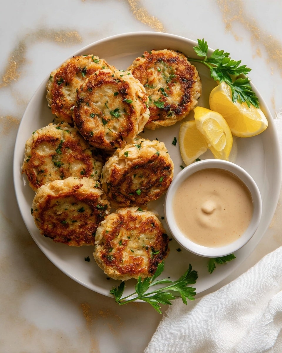 A round white plate holds seven golden-brown crab cakes with visible green herbs mixed in, arranged closely together in a loose circular pattern. To the right side of the plate, a small round white bowl contains a creamy light beige dipping sauce, and next to it are three lemon wedges showing their bright yellow flesh. A small sprig of fresh parsley with bright green leaves is placed near the lemon wedges, adding a touch of color. The plate sits on a white marbled surface with subtle gold veins. A white cloth napkin is draped partly over the bottom right corner of the image. Photo taken with an iphone --ar 4:5 --v 7