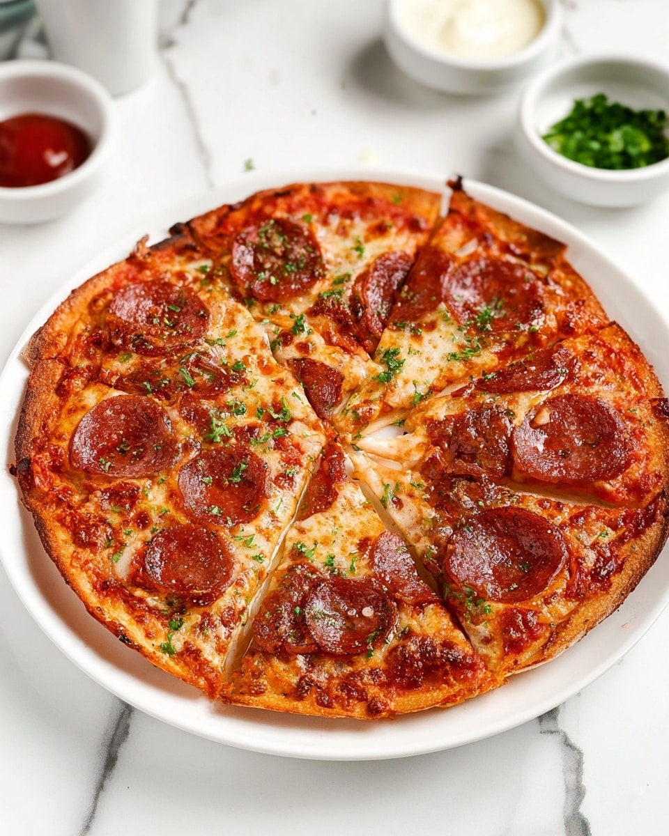 A thin, round pepperoni pizza cut into eight equal slices sits on a white plate. The crust is light brown and crispy, with an even layer of melted cheese and red tomato sauce beneath it. Large, dark red pepperoni slices are spread across each slice, some slightly curled up. Small pieces of green herbs are sprinkled on top, adding color contrast. The pizza is set on a white marbled surface with small bowls containing green herbs, red sauce, and white creamy sauce visible around it. Photo taken with an iphone --ar 4:5 --v 7