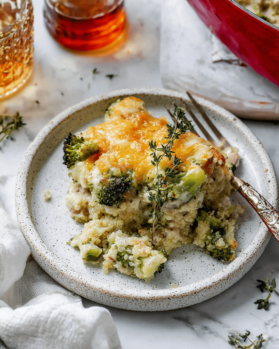 A close-up of a serving of broccoli casserole on a white speckled plate, showing a layered dish with a creamy, off-white quinoa base mixed with small green broccoli florets. The casserole has a golden-brown melted cheese topping that looks bubbly and slightly crispy in spots. A small fresh thyme sprig sits delicately on top for garnish. The plate rests on a white marbled surface beside a glass of amber-colored drink and a white cloth napkin. Part of a red-handled pot is visible in the corner. Photo taken with an iphone --ar 4:5 --v 7