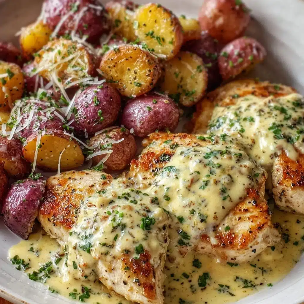 High Protein Creamy Garlic Cheesy Chicken & Potatoes Recipe