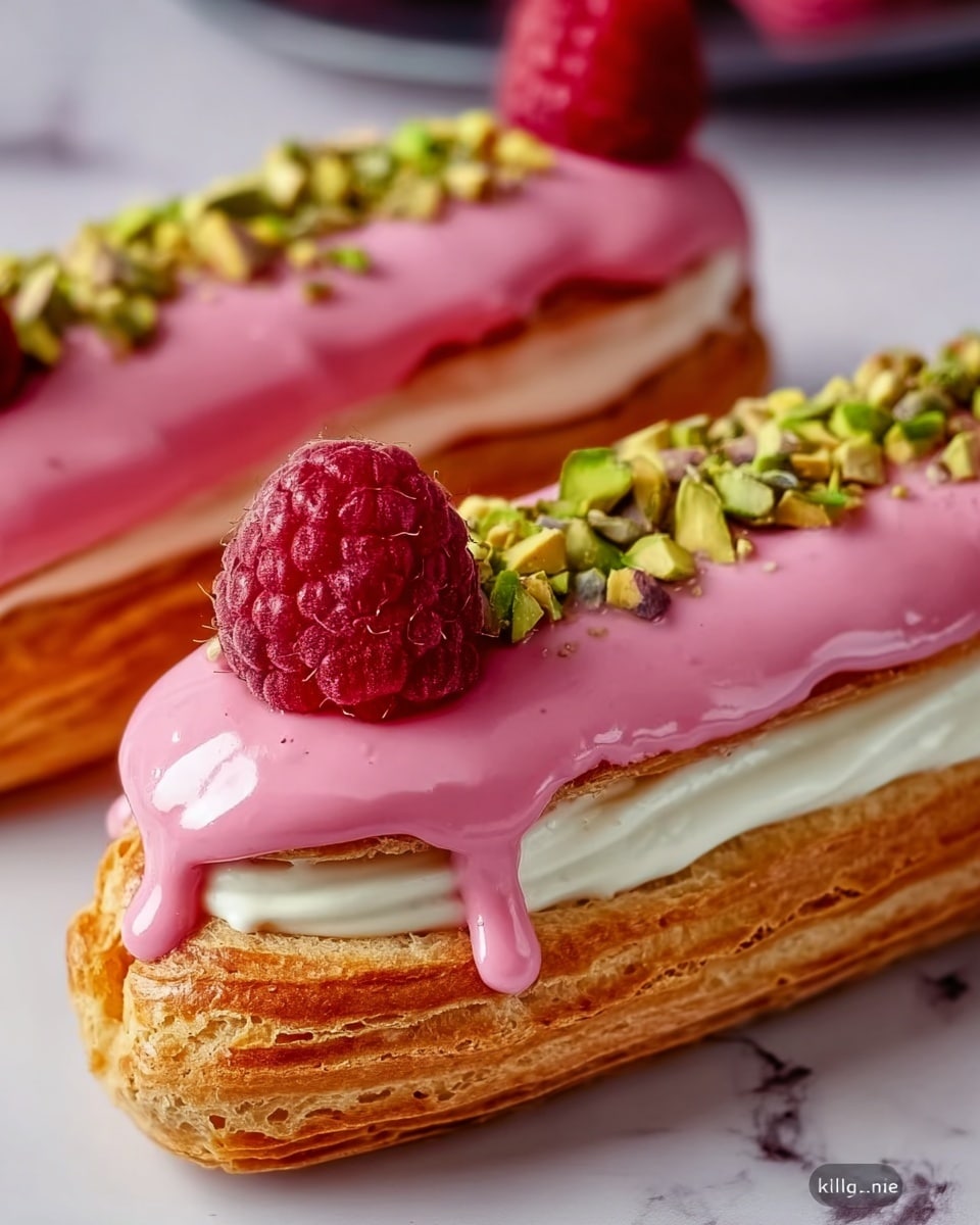 The image shows two eclairs placed on a white marbled surface. Each eclair has three visible layers: the bottom layer is a golden-brown pastry with a flaky texture, the middle layer is a smooth white cream filling inside the pastry, and the top layer is thick, glossy pink icing spread evenly over the pastry. The pink icing is decorated with a cluster of finely chopped green pistachios near the center and a single bright red raspberry sitting atop the icing at one end. The icing drips slightly over the side of the pastry, adding a fresh, inviting look. Photo taken with an iphone --ar 4:5 --v 7