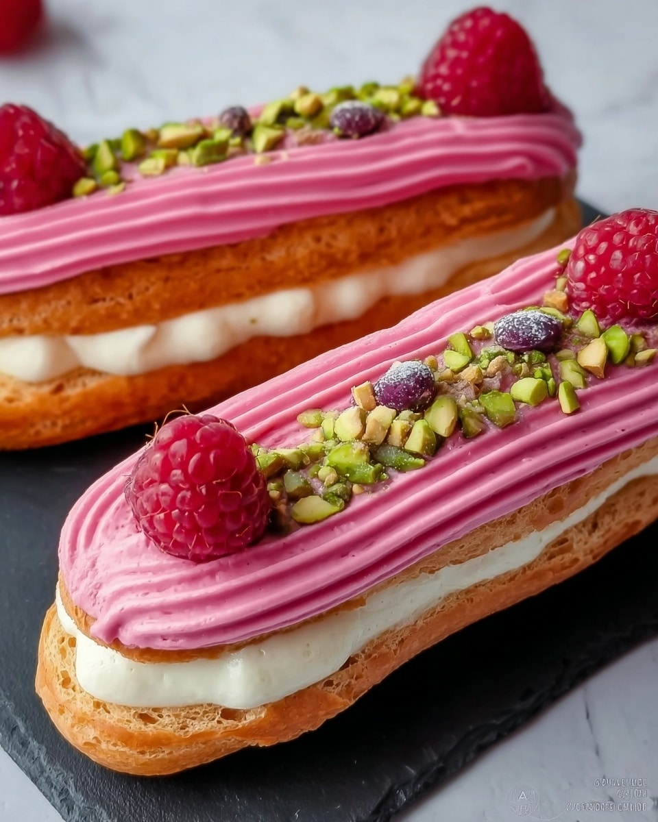 Two éclairs are shown on a black slate board with a white marbled texture background. Each éclair has a golden-brown choux pastry base filled with a creamy white layer visible in the middle. The top layer is a thick, smooth, bright pink frosting evenly spread with small stripes. On top of the frosting, there is a fresh raspberry placed near one end of each éclair, surrounded by chopped green pistachio nuts sprinkled along the centerline. The photo is taken closely to show the texture of the pastry and frosting. photo taken with an iphone --ar 4:5 --v 7