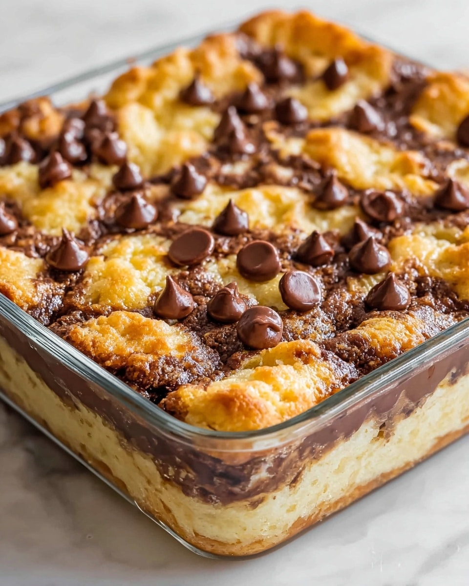 The image shows a close-up of a baked dessert in a clear glass square dish with three visible layers. The bottom layer is a golden brown crust that looks slightly crispy. The middle layer is a mix of dark brown melted chocolate swirls and soft, light golden cake or dough that is puffy and uneven across the surface. The top layer is sprinkled with small, glossy dark chocolate chips scattered all over. The glass dish sits on a white marbled surface. photo taken with an iphone --ar 4:5 --v 7