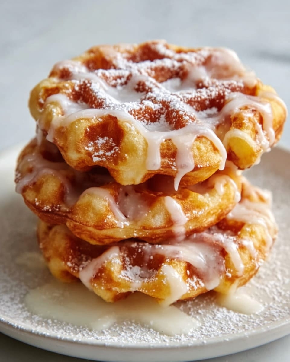 Three small round waffles are stacked on a simple white plate, each waffle showing a golden brown color with a slightly crispy texture. A light white glaze is drizzled unevenly over the waffles, creating thin shiny streaks, and a dusting of powdered sugar sits on top, adding a soft white layer. The plate rests on a white marbled surface background, giving a clean, bright look. photo taken with an iphone --ar 4:5 --v 7