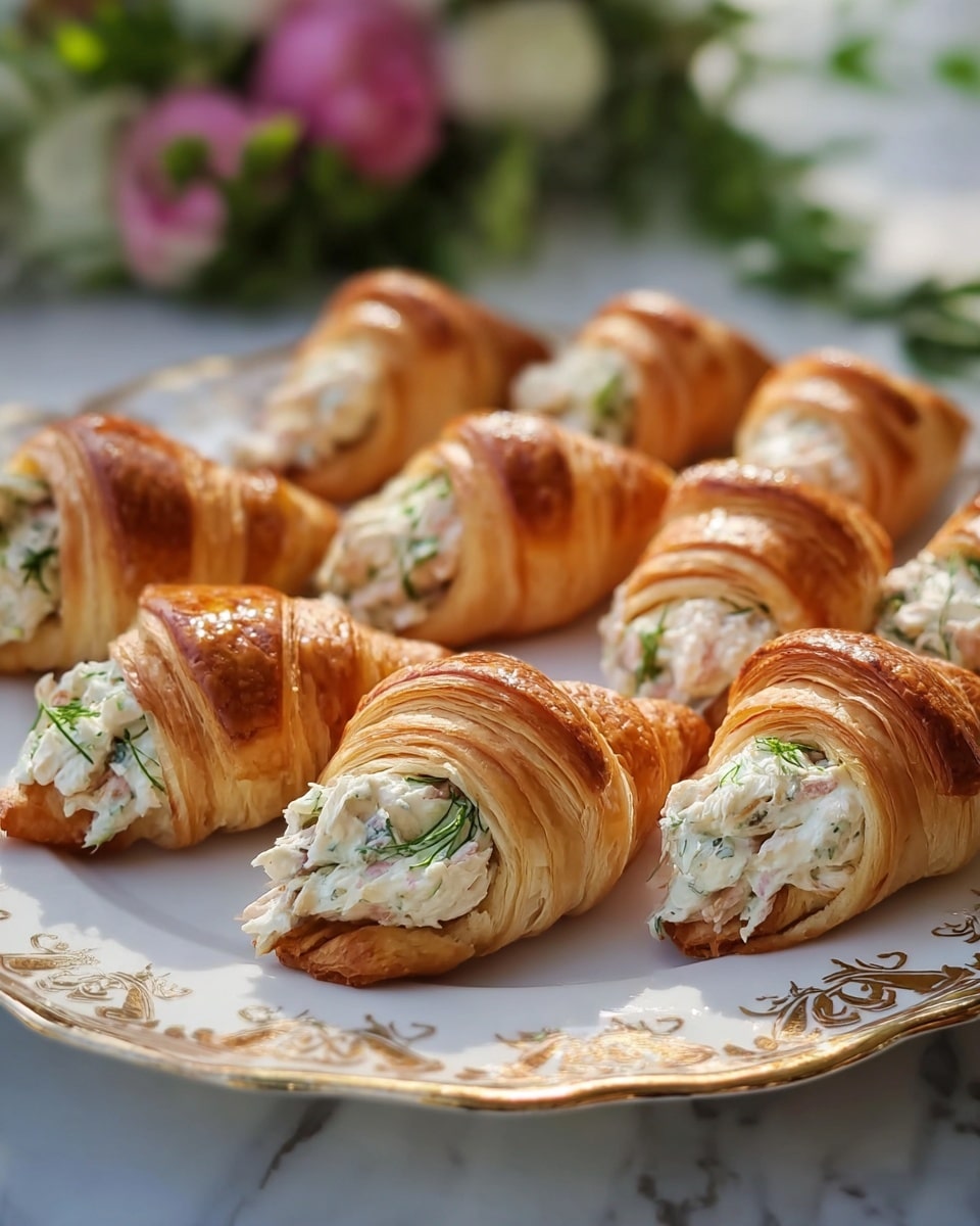 The image shows a white decorative plate with golden patterns on the edge, holding nine croissant cones arranged in neat rows. Each cone is golden brown and shiny with visible flaky layers of the pastry, giving a textured and crispy look. Inside, the filling is creamy white mixed with small pieces of green herbs, giving a fresh contrast. The croissant cones are positioned so the open filled ends face the camera, creating a layered effect with the glossy pastry on the outside and the soft filling inside. The background has a soft focus with some greenery and pink flowers, while the surface beneath the plate is a white marbled texture. photo taken with an iphone --ar 4:5 --v 7