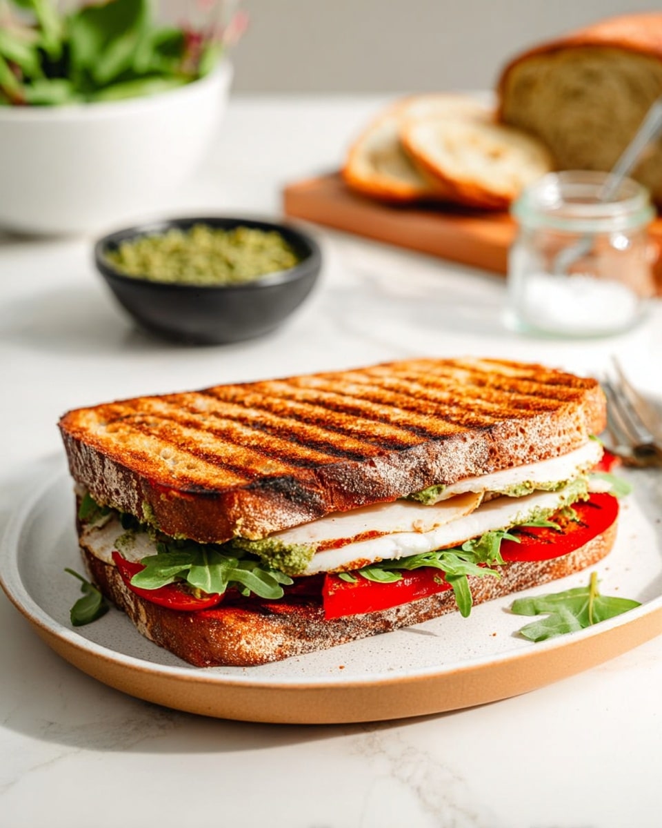 A grilled sandwich with two toasted brown bread slices showing dark grill marks, filled with three visible layers: green leafy arugula, white slices of turkey meat, and bright red roasted bell pepper strips, placed on a white plate with light brown edges on a white marbled surface. In the background, a woman's hand holds a fork near a white bowl filled with green leaves, beside a small black bowl of coarse salt and a small glass jar containing green pesto sauce, with a large piece of bread behind them. photo taken with an iphone --ar 4:5 --v 7