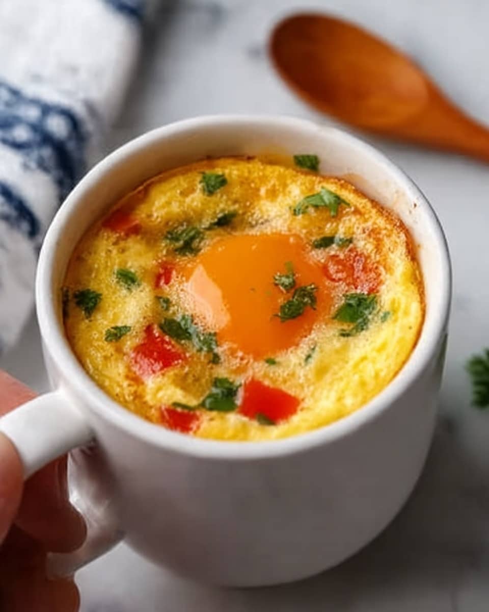 The image shows a single white mug filled with a fluffy, yellow omelet. The omelet has bright red cherry tomato pieces and small green herbs and vegetables scattered on top, with some melted cheese peeking through. The mug sits on a white marbled surface with a wooden spoon nearby, and a woman's hand is gently touching the side of the mug. The background includes a blue and white striped cloth that adds a soft touch to the scene. Photo taken with an iphone --ar 4:5 --v 7