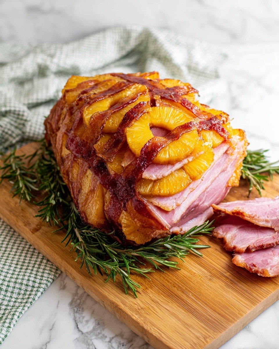 A cooked ham is presented in a clear glass baking dish resting on a white marbled surface. The ham is fully sliced in multiple vertical layers, with thin pink meat layers alternating with darker caramelized edges. Between each meat layer, bright yellow pineapple slices are placed evenly, creating a pattern of alternating pinkish-brown ham and yellow pineapple pieces. The baking dish holds a shallow layer of rich brown juice that surrounds the ham, adding a glossy appearance to the entire dish. Photo taken with an iphone --ar 4:5 --v 7
