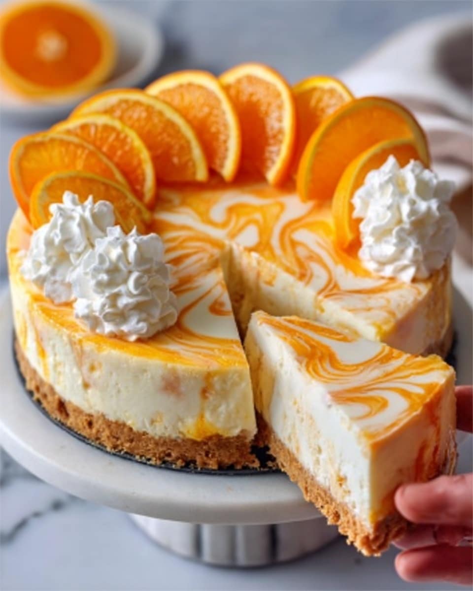 This image shows a round cheesecake with a golden brown crumbly base as the bottom layer. Above the base is a thick creamy white cheesecake layer with orange swirls mixed throughout, creating a marbled pattern. On top, there are thin bright orange slices arranged in a circle near the edge, with two dollops of white whipped cream on opposite sides. The cheesecake sits on a white marble surface, and a woman’s hand is holding a slice slightly pulled out to show the layers clearly. Photo taken with an iphone --ar 4:5 --v 7