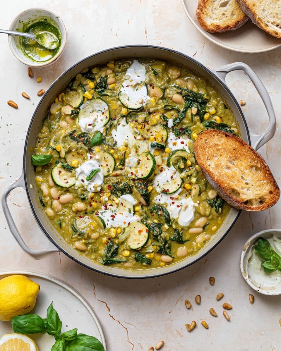 A gray pan filled with a thick creamy stew that has three main layers: a greenish sauce base mixed with yellow corn kernels and white beans scattered throughout, dark green spinach leaves and sliced zucchini pieces floating on top of the sauce, and small white dollops of cream or yogurt dotted around with a few red chili flakes and pine nuts sprinkled for texture; on the right edge of the pan, a toasted slice of bread is partially dipped into the stew. Around the pan, there are small white bowls with green sauce and white cream, a white plate with two slices of toasted bread, a white plate holding a halved lemon and green basil leaves, and some pine nuts scattered on the white marbled surface. Photo taken with an iphone --ar 4:5 --v 7