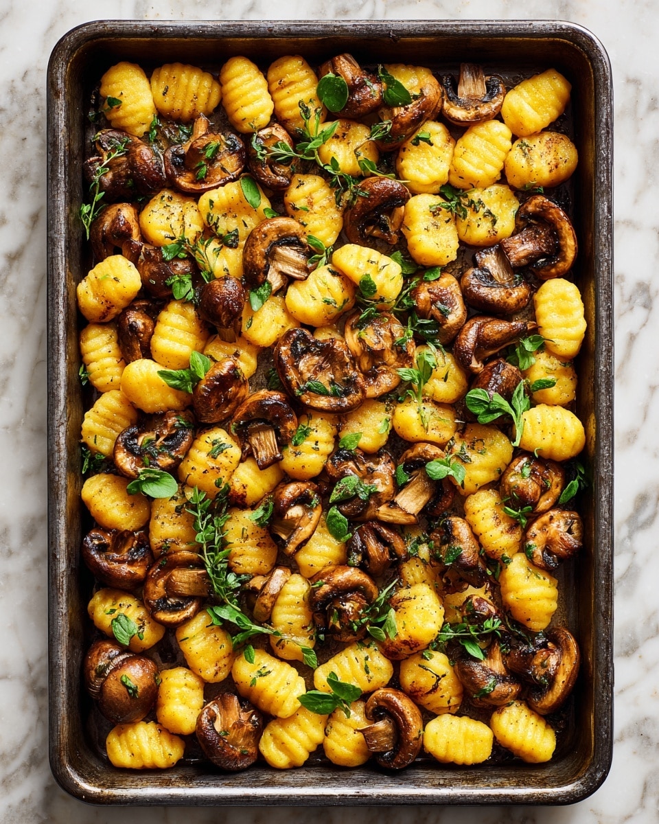 A baking tray filled with golden yellow gnocchi and browned mixed mushrooms scattered evenly across the surface. The mushrooms have a rich brown color and slightly crispy edges, with some pieces showing a softer texture. Small green herb leaves are sprinkled throughout, adding bright green accents. The tray rests on a white marbled textured surface, and the overall look is warm and inviting with a roasted finish. photo taken with an iphone --ar 4:5 --v 7