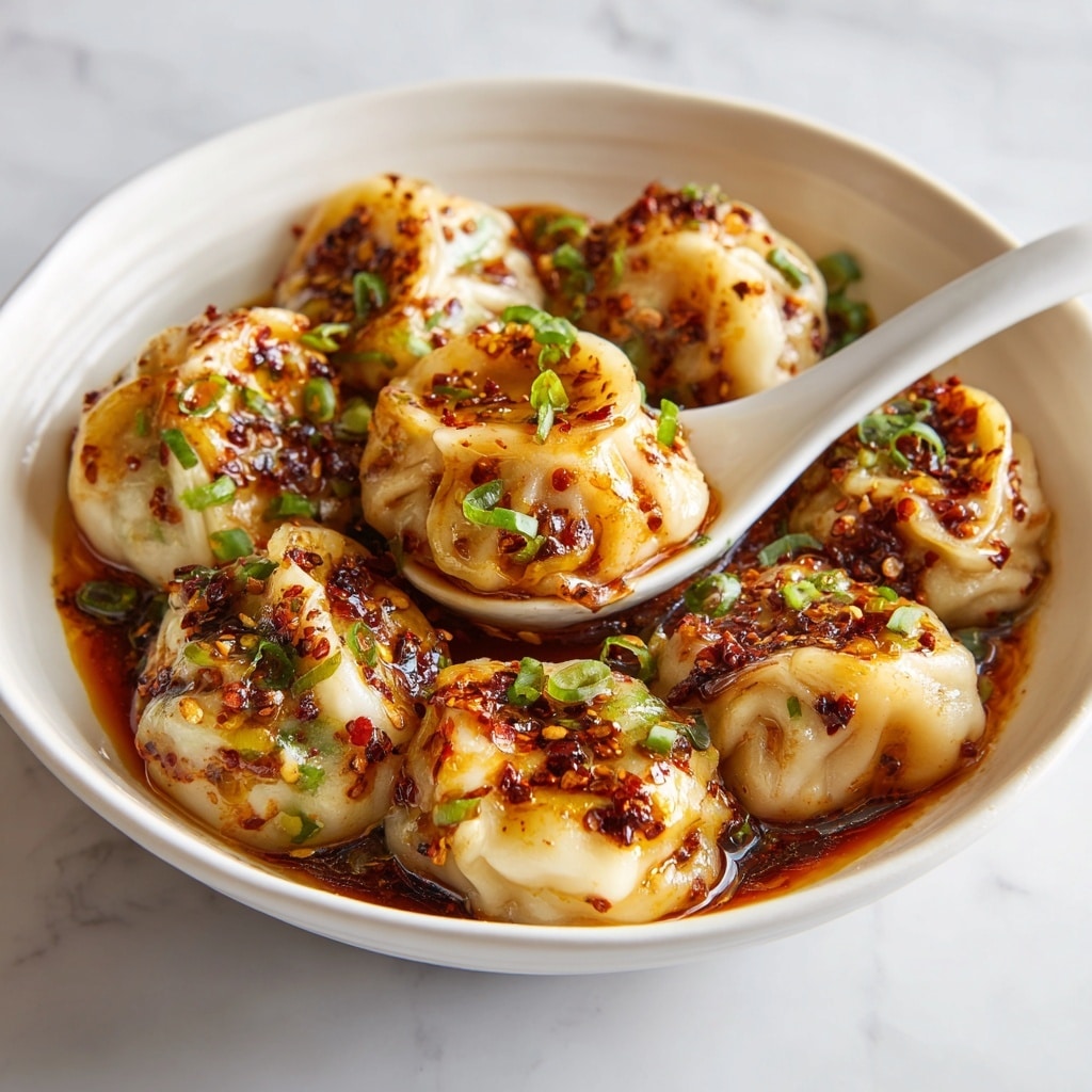 A white bowl filled with many small dumplings covered in a shiny, oily reddish-brown sauce with bits of green onion and red chili flakes scattered on top. The dumplings have soft, slightly wrinkled white dough wrapped around a filling, showing subtle hints of green inside. A white spoon inside the bowl holds one dumpling lifting slightly above the others. The bowl sits on a white marbled surface. photo taken with an iphone --ar 4:5 --v 7