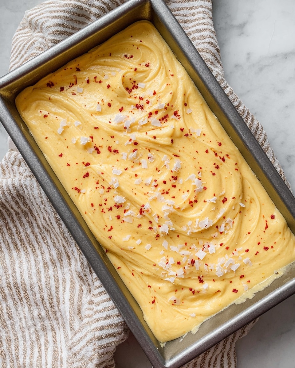 A single layer of creamy, smooth yellow batter swirled gently in a rectangular metal baking pan fills the frame. The batter has a soft, thick texture with visible peaks and valleys. Scattered across the top are small white flakes and a light sprinkling of fine red seasoning, adding both color contrast and texture. The pan rests partially on a soft beige and white striped cloth over a white marbled surface which is only partly visible. photo taken with an iphone --ar 4:5 --v 7