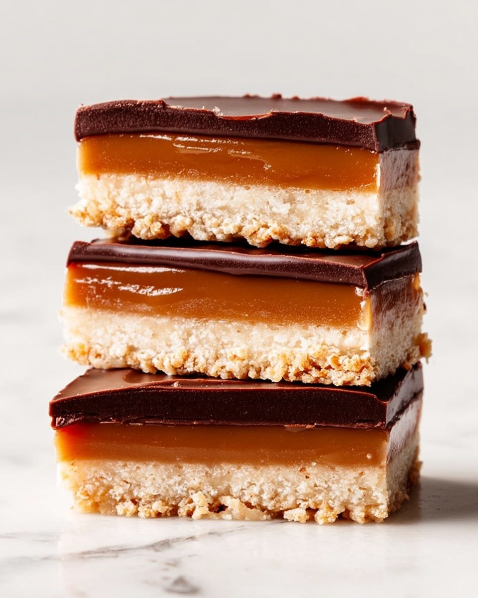 Three stacked dessert bars are shown on a white marbled surface, each bar with three clear layers: a thick, pale crumbly base at the bottom, a smooth, medium brown caramel layer in the middle, and a glossy, dark brown chocolate layer on top. The bars are cut evenly and stacked slightly tilted, highlighting the clean edges and the contrast between the textures of the crumbly base, creamy caramel, and shiny chocolate. Photo taken with an iphone --ar 4:5 --v 7