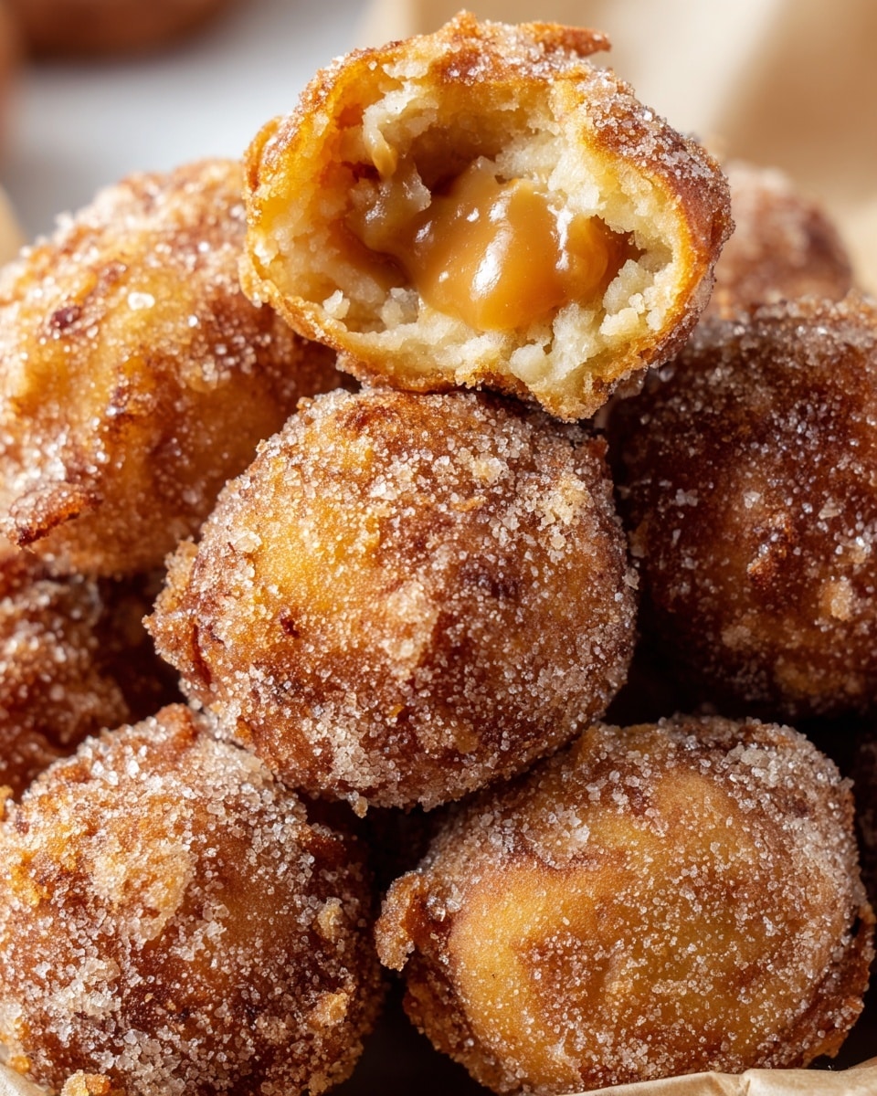 The image shows a close-up of several golden-brown fritters covered in sugar crystals, with one fritter bitten open to reveal a soft, gooey caramel center inside. The fritters have a crispy, textured surface with a mix of darker and lighter brown tones, arranged closely in a pile on a white surface that absorbs light softly. The sugar sprinkles add a sparkling effect over the rough, round shapes of the fritters, highlighting their crunchy exterior and warm filling. photo taken with an iphone --ar 4:5 --v 7