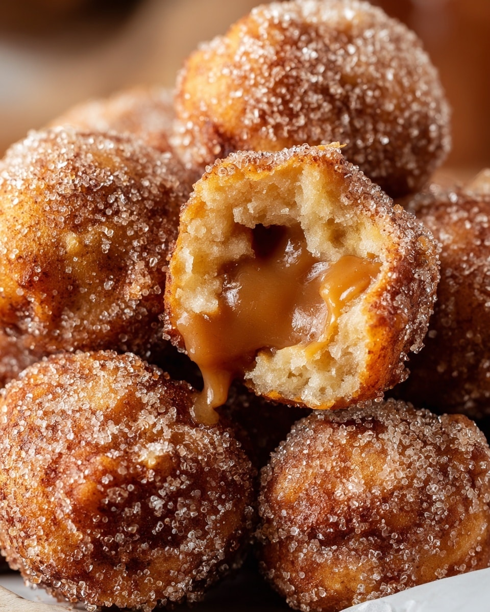 The image shows a white bowl filled with golden brown, round fritters that have a crispy texture. Each fritter is coated with a shiny caramel-like glaze and dusted with a light layer of powdered sugar, giving a slightly rough surface. One fritter at the front is broken open, revealing a soft, moist, light beige inside contrasted with the glossy caramel exterior. In the blurred background, red and yellow apples are visible, along with a cinnamon stick placed in the foreground on the white marbled surface. photo taken with an iphone --ar 4:5 --v 7
