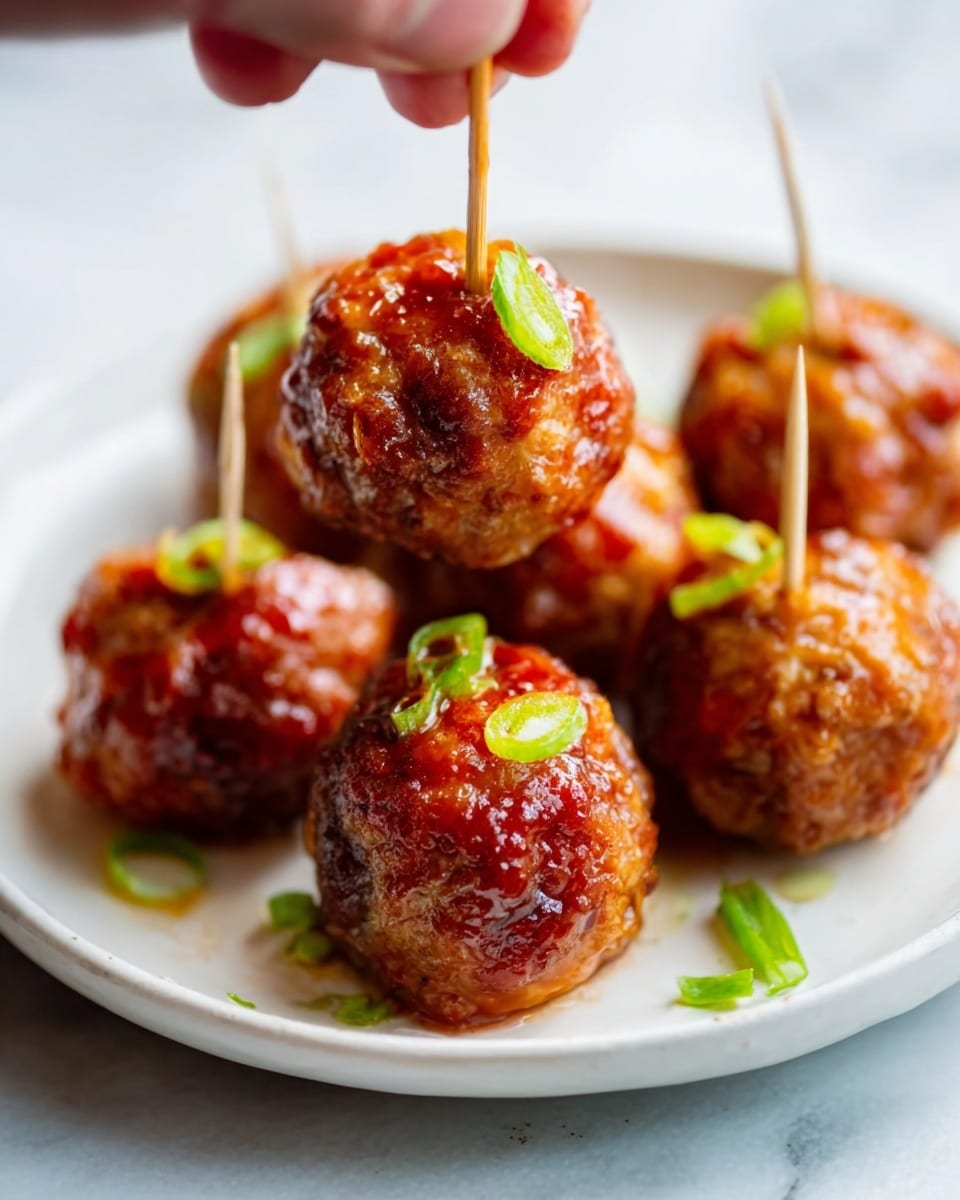 The image shows several round meatballs placed on a white plate, each held upright with a toothpick. The meatballs have a shiny, slightly rough texture with a reddish-brown color, coated in a glaze or sauce. Small pieces of green onion are sprinkled on and around the meatballs, adding a fresh green contrast. The white plate sits on a white marbled surface, and a woman's hand is seen holding one of the toothpicks. The lighting highlights the moist and glossy look of the meatballs, making them appear juicy and appetizing. Photo taken with an iphone --ar 4:5 --v 7