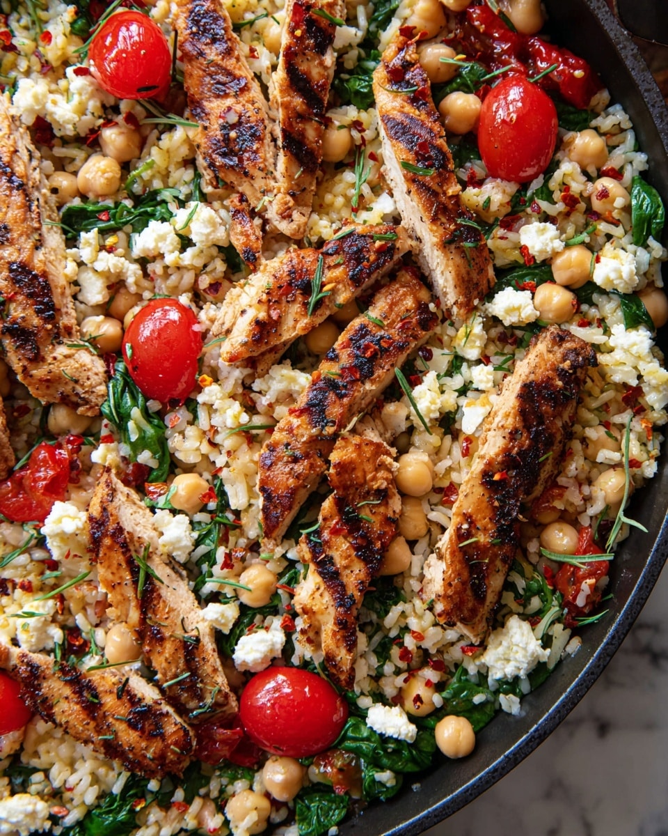 A close-up view of a dark pan filled with a colorful rice dish showing several layers of ingredients: the base layer consists of white rice mixed with light beige chickpeas and green spinach leaves; scattered over this are bright red cherry tomato halves adding a pop of color; on top, golden brown grilled chicken strips with a slightly charred texture are spread evenly; small white cheese chunks with green herbs are dotted throughout, while tiny red chili flakes sprinkle the dish for extra detail. The pan sits on a white marbled surface. photo taken with an iphone --ar 4:5 --v 7