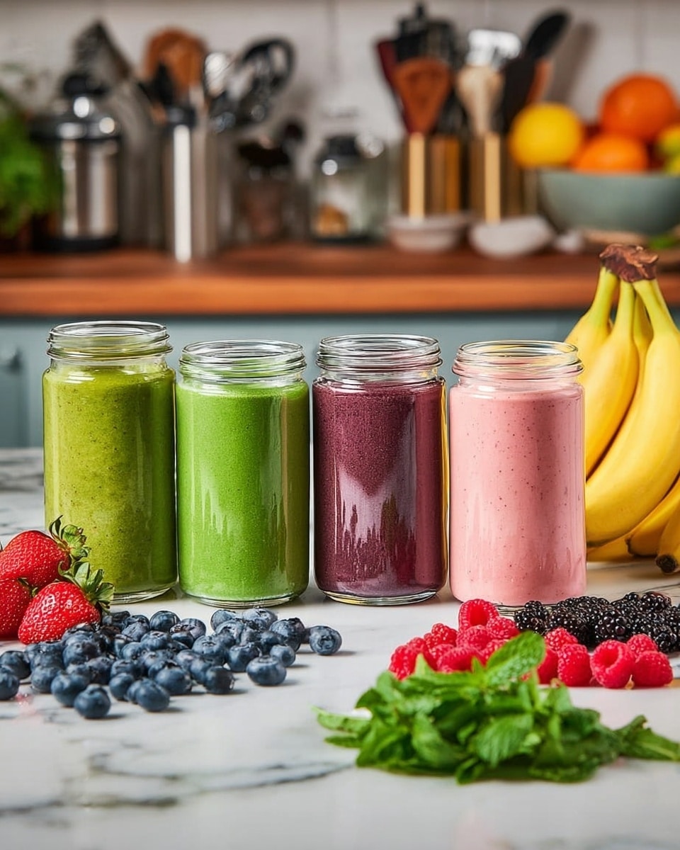 There are four clear glass jars lined up on a white marbled surface, each filled with a different smoothie. The first jar on the left contains a green smoothie with visible pieces of spinach and blueberries inside. The second jar holds a smooth bright green smoothie. The third jar contains a dark purple smoothie with a thick texture. The fourth jar is filled with a light pink smoothie with a creamy texture. In front of the jars are fresh blueberries, strawberries, raspberries, blackberries, and sprigs of green mint leaves. Behind the jars, there is a bunch of yellow bananas on the right side. The background shows a kitchen counter with blurred fruit, utensils, and kitchen tools. Photo taken with an iphone --ar 4:5 --v 7