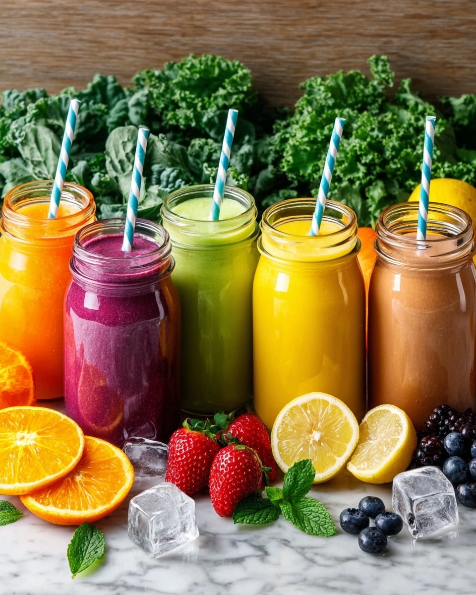 Five tall clear jars filled with colorful smoothies stand side by side on a white marbled surface. From left to right: bright orange, light green, deep purple, pale yellow, and orange-brown smoothies fill each jar. Each jar has a striped blue and white straw. Around the jars are fresh fruit and leaves, including halved oranges, whole lemons, green leafy kale, red strawberries, raspberries, blueberries, and sprigs of green mint. Several ice cubes are near the pale yellow smoothie. Photo taken with an iphone --ar 4:5 --v 7