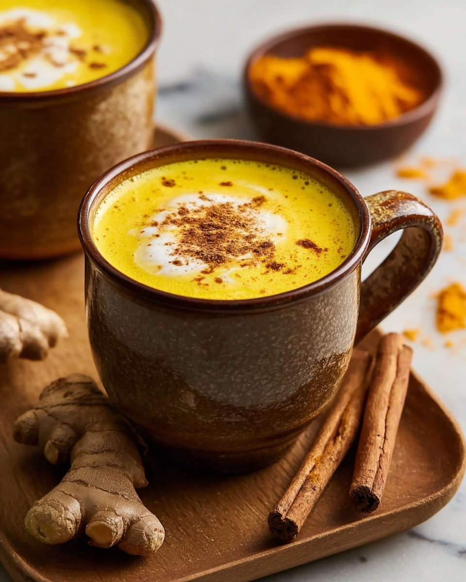 A brown ceramic mug filled with smooth, bright yellow turmeric milk, topped with a swirl of white cream and a sprinkle of reddish-brown cinnamon powder in the center. The mug’s surface has a rough texture with darker brown on the upper half and handle. The mug is placed on a wooden board with whole pieces of pale beige fresh ginger roots to the left, two cinnamon sticks to the right, and a brown bowl containing ground turmeric powder blurred out in the background. The setting is on a white marbled texture. photo taken with an iphone --ar 4:5 --v 7