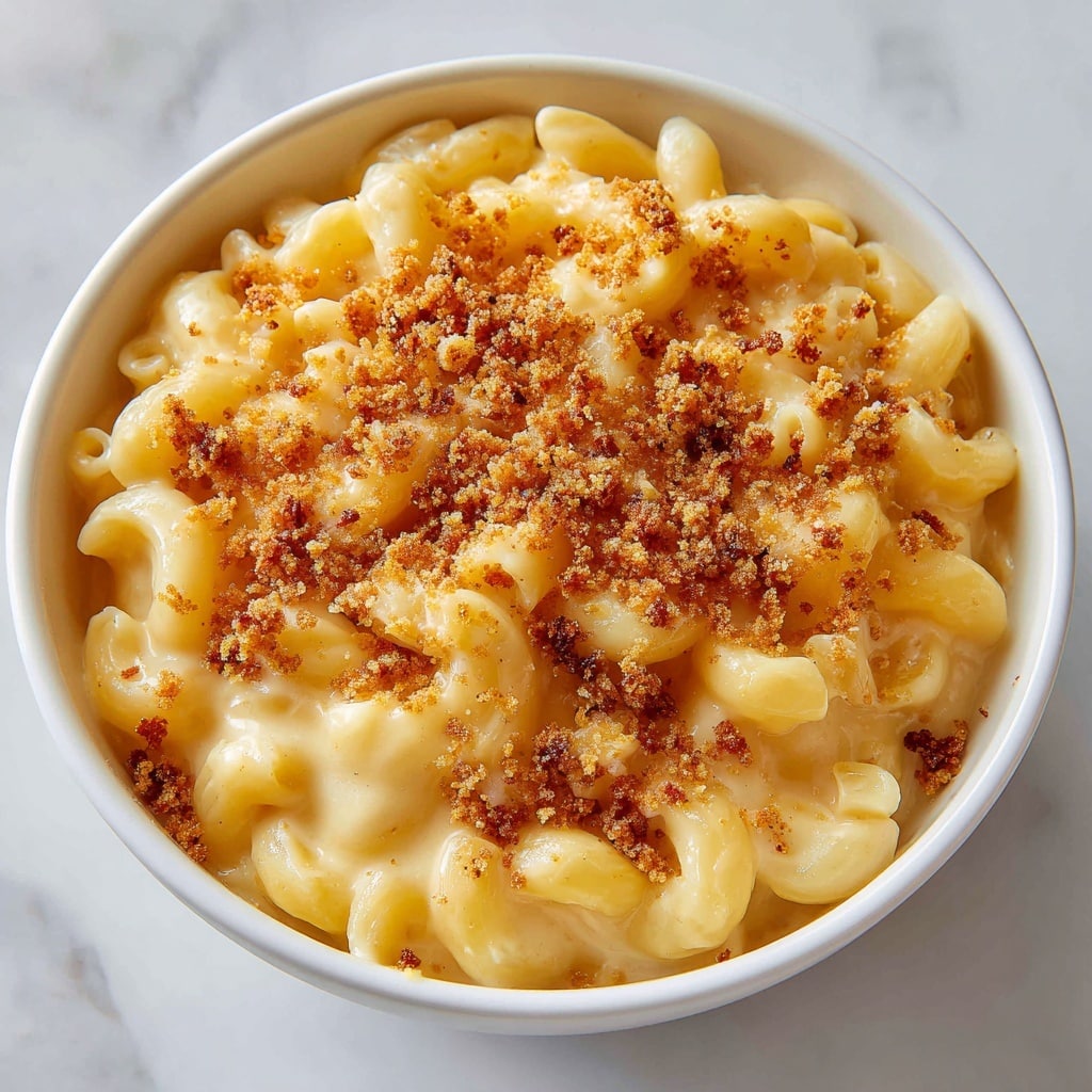 The image shows a close-up of creamy macaroni and cheese served in a white bowl with a rustic dark rim. The dish has two visible layers: the bottom layer is soft, yellow macaroni pasta shaped like small elbows, and the top layer is a rich, smooth, melted cheese sauce with a slightly shiny texture. On top, there is a light sprinkling of golden brown breadcrumbs adding a crispy texture. The bowl sits on a white marbled surface, and the photo is bright and clear, highlighting the creamy and comforting look of the dish. Photo taken with an iphone --ar 4:5 --v 7
