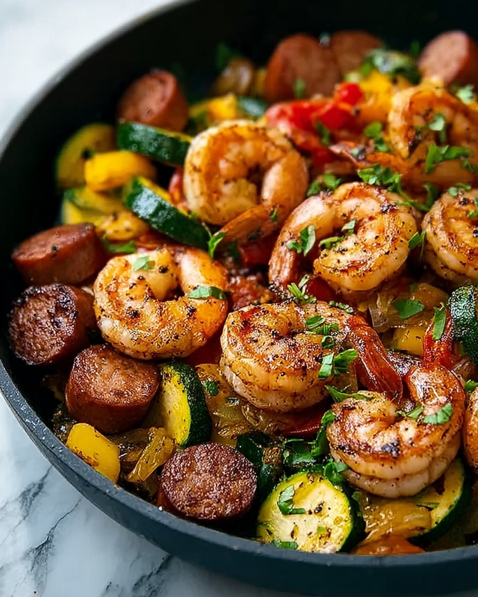 A black frying pan filled with a colorful mix of cooked shrimp and sliced sausages, sitting on top of a white marbled surface. The pan contains about two layers: the bottom layer has bright green zucchini slices and orange carrot pieces, showing a soft texture; the top layer consists of plump, pink shrimp and round, browned sausage slices. The shrimp have a smooth, somewhat shiny surface with slight char marks. The mix looks fresh and well-cooked with vibrant colors. Photo taken with an iphone --ar 4:5 --v 7