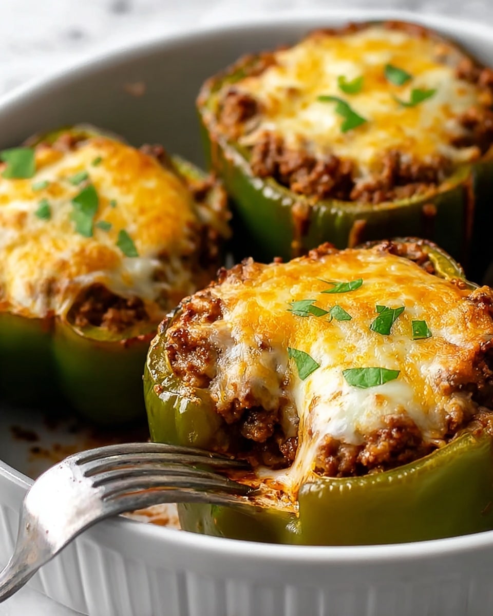 The image shows three stuffed green bell pepper halves placed inside a white dish, each filled with a layer of cooked ground beef mixed with spices. On top of the beef is a melted layer of golden-yellow and white cheese, slightly browned in places, garnished with small green herb pieces. One stuffed pepper in the front is being cut into with a fork. The background is a white marbled texture. The overall look is warm and savory. photo taken with an iphone --ar 4:5 --v 7