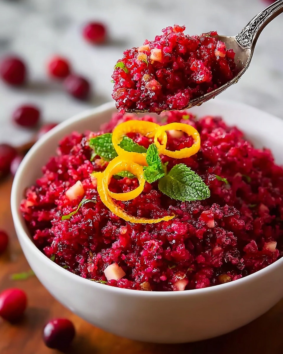 The image shows a white bowl filled with a finely chopped bright red cranberry relish with small pieces of light-colored nuts or apples mixed in. On top of the relish, there is a small decoration of orange peel curls and fresh green mint leaves, adding contrast in color and texture. A close-up of a vintage silver spoon holds a scoop of the same chunky, moist cranberry mixture, hovering over the bowl. Some whole cranberries are scattered around the wooden table beneath the bowl, and the background is a soft white marbled texture. The overall look is fresh and vibrant, focusing on rich reds with pops of green and orange. photo taken with an iphone --ar 4:5 --v 7