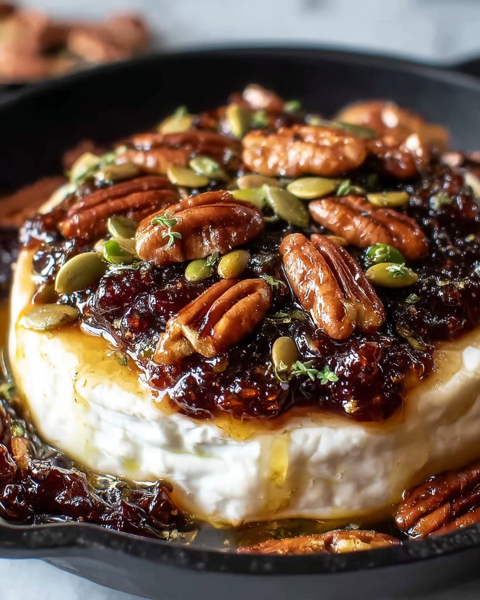 A round wheel of baked brie cheese with a soft, creamy white rind sits in a black pan, topped with a glossy mixture of pecans, pumpkin seeds, and dark textured dried figs coated in a sticky syrup. The cheese layer is thick and gooey, oozing slightly around the edges under the nut topping. Surrounding the pan are golden toasted baguette slices with a crispy, holey texture, set against a white marbled surface. In the blurred background, bunches of green and red grapes and a red apple add depth to the scene. photo taken with an iphone --ar 4:5 --v 7