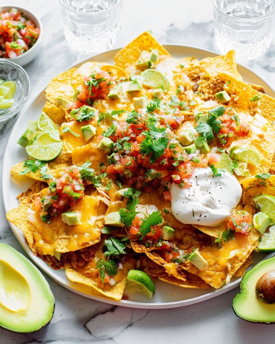 A white plate holds a large pile of nachos made of yellow corn chips covered mostly with melted, light golden cheddar cheese. On top of the nachos, there are small chunks of green avocado and bright green cilantro leaves scattered around. There are also colorful spoonfuls of fresh salsa made of red tomatoes, green peppers, and white onions placed on the chips. A dollop of sour cream with small black pepper flakes rests on one section of the nachos. Around the plate, there are lime wedges and a halved avocado with its brown seed. In the background, there is a small bowl of extra salsa and glasses with water placed on a surface with a white marbled texture. Photo taken with an iphone --ar 4:5 --v 7