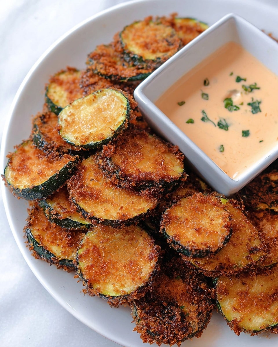A white plate holds many fried zucchini slices that are golden brown and crispy with visible crunchy breading on the edges and dark green skin still showing underneath. On the top right corner of the plate is a white square bowl filled with a creamy light orange sauce, garnished with small green herb pieces. The zucchini pieces are stacked loosely in a pile next to the sauce container, all placed on a white marbled surface. photo taken with an iphone --ar 4:5 --v 7