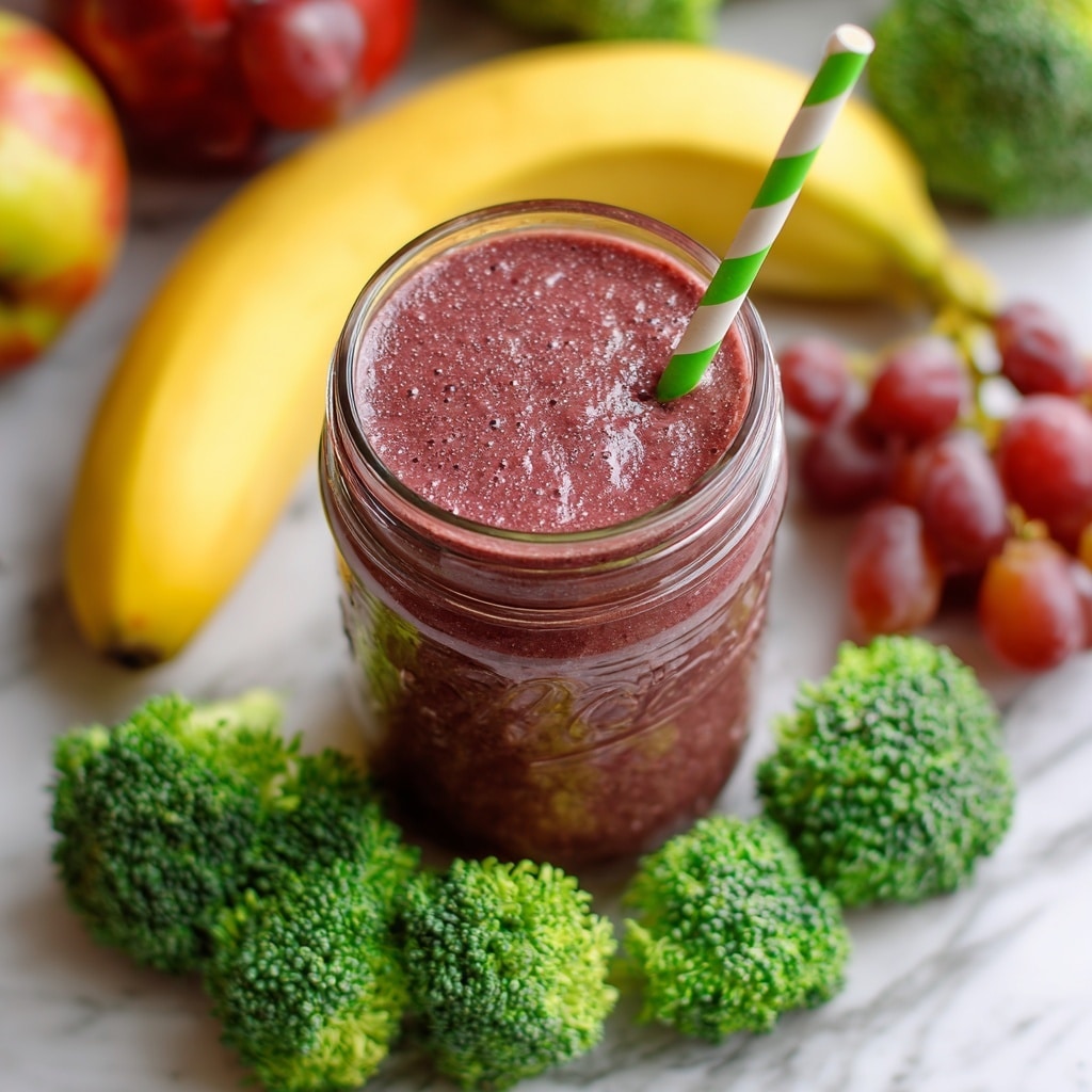 A glass jar filled with a thick, smooth red-purple smoothie, with a green and white striped straw in the center. Around the jar are bright green broccoli florets spread in the foreground, with a partially visible yellow banana and some red grapes in the blurred white marbled background. The scene looks fresh and healthy, with a natural wooden table under the jar and vegetables. photo taken with an iphone --ar 4:5 --v 7