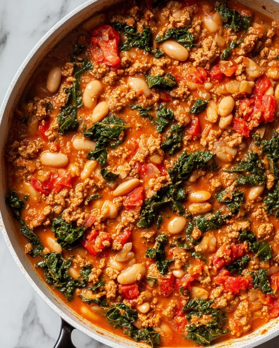 A deep white bowl holds a creamy, chunky stew with three main layers: the bottom layer is a thick orange sauce with small pieces of ground meat visible, the middle layer has dark green leafy vegetables scattered throughout, and the top layer is dotted with bright red tomato chunks and fresh green basil leaves. Shredded white cheese is sprinkled over the entire stew, adding texture and contrast. Resting on the right side inside the bowl is a slice of toasted bread, golden brown with some charred spots and a glossy surface from melted butter. The bowl sits on a white marbled surface, and the cozy, homemade feel is enhanced by a soft, neutral cloth in the background. photo taken with an iphone --ar 4:5 --v 7