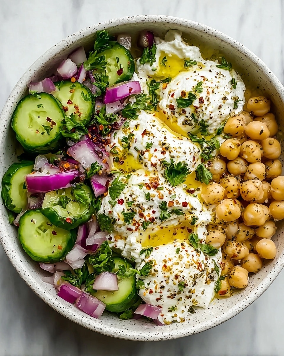 The dish is served in a white bowl with a speckled texture. It has three main layers arranged side by side: on the left, fresh cucumber slices mixed with chopped curved red onion pieces, both bright green and purple colors visible; in the center, dollops of creamy white cottage cheese topped with a drizzle of golden olive oil, sprinkled with black pepper, red chili flakes, and fresh green parsley leaves; on the right side, a cluster of light beige chickpeas sprinkled with black pepper and red chili flakes. The bowl sits on a white marbled surface. Photo taken with an iphone --ar 4:5 --v 7