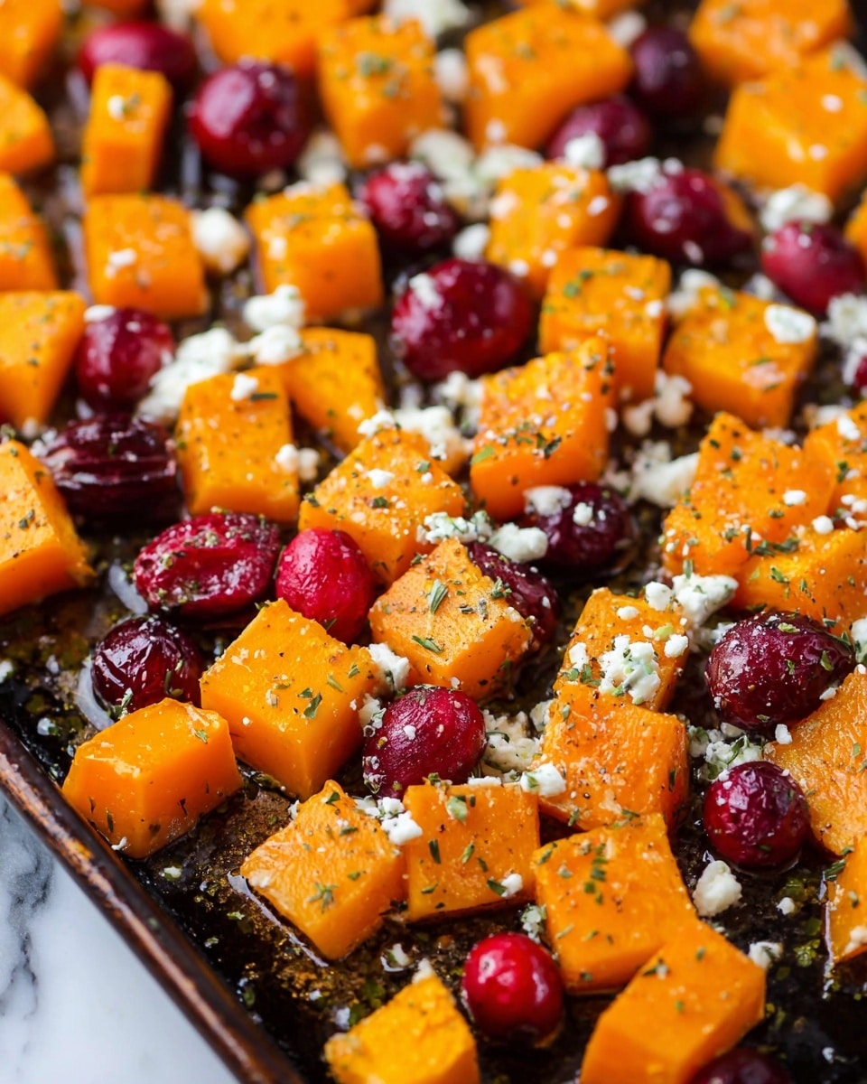 The image shows roasted cubed butternut squash in bright orange tones mixed with roasted red cranberries. The butternut squash pieces are about one inch thick with a soft texture, sprinkled with small bits of white crumbled cheese and tiny green herb flakes. The cranberries are shiny and slightly wrinkled, scattered evenly among the squash cubes. The food is placed on a dark baking tray with some oil or juices visible underneath, sitting on a white marbled texture that acts as the background. photo taken with an iphone --ar 4:5 --v 7