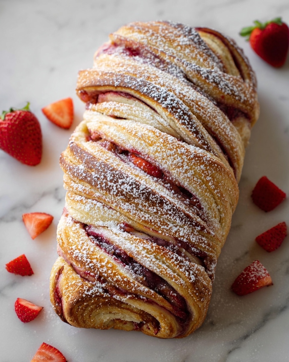 A twisted bread loaf sits on a white marbled surface, showing multiple layers of golden brown dough intertwined with bright red strawberry filling. The top is dusted with a generous layer of white powdered sugar, adding a soft texture to the glossy, baked crust. Around the loaf, small pieces of fresh red strawberries are scattered, enhancing the fresh and sweet look of the pastry. The loaf's layers are thick and clearly visible, with the red filling peeking through each twist, giving the bread a rich and inviting appearance. photo taken with an iphone --ar 4:5 --v 7