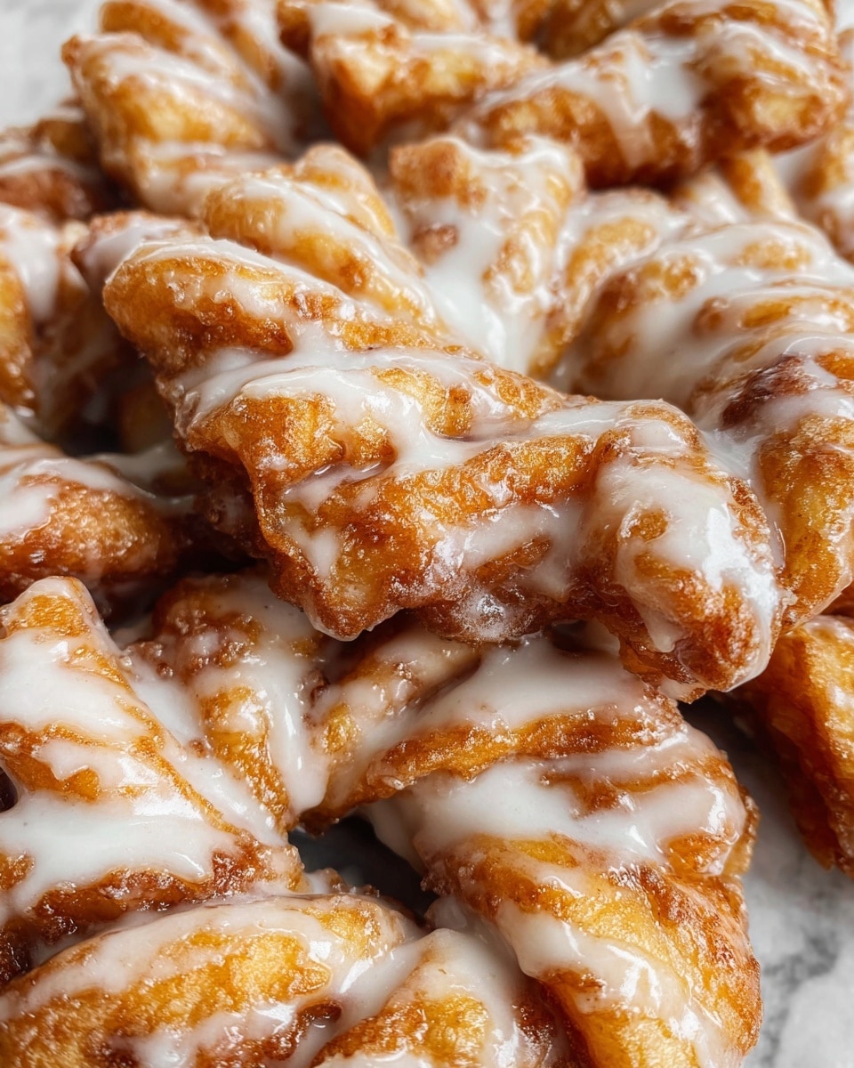 Close-up of a pile of twisted, golden-brown fried dough pieces covered with unevenly drizzled white icing. The dough has a crispy, bubbly texture with deep golden and light brown shades showing from frying. The thick white icing is glossy and smooth, flowing over the uneven surfaces and pooling slightly in crevices. The image focuses tightly on the chaotic, overlapping layers of the twisted dough pieces. The background is a white marbled texture. photo taken with an iphone --ar 4:5 --v 7