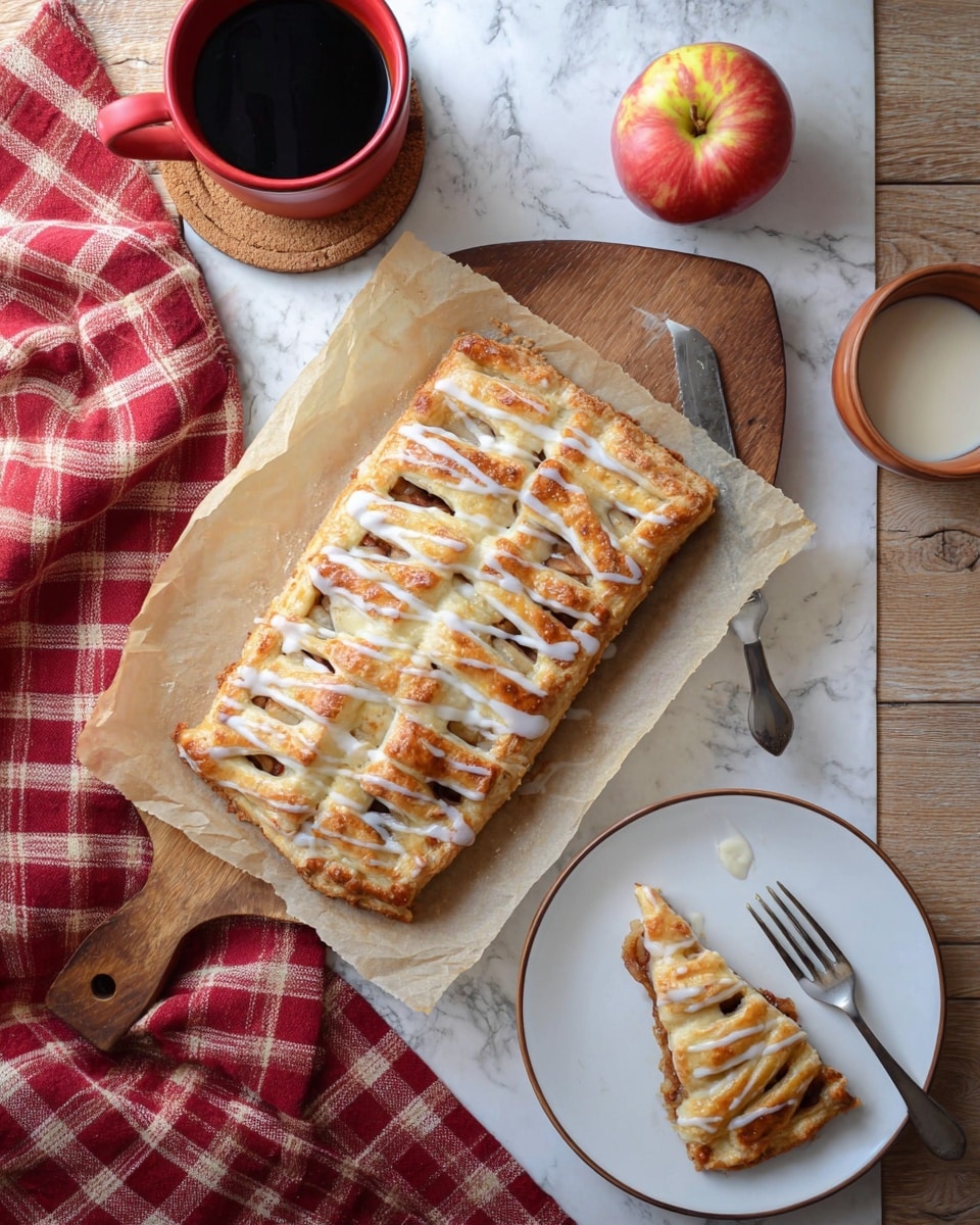 A baked apple pastry sits in the center on a wooden cutting board covered with parchment paper, showing a golden-brown lattice crust with five woven layers, drizzled carefully with white icing. To the lower right, there is a slice of the pastry on a white plate with a smooth surface, showing flaky, light golden layers inside. A silver fork rests on the plate. Nearby, a whole red apple with yellow patches lies atop a red checkered cloth spread across a wooden surface. At the top left, a red ceramic mug filled with dark coffee is placed on a small coaster, and on the top right, a white bowl containing some icing and a spoon is visible. The whole scene is set on a white marbled textured surface. Photo taken with an iphone --ar 4:5 --v 7