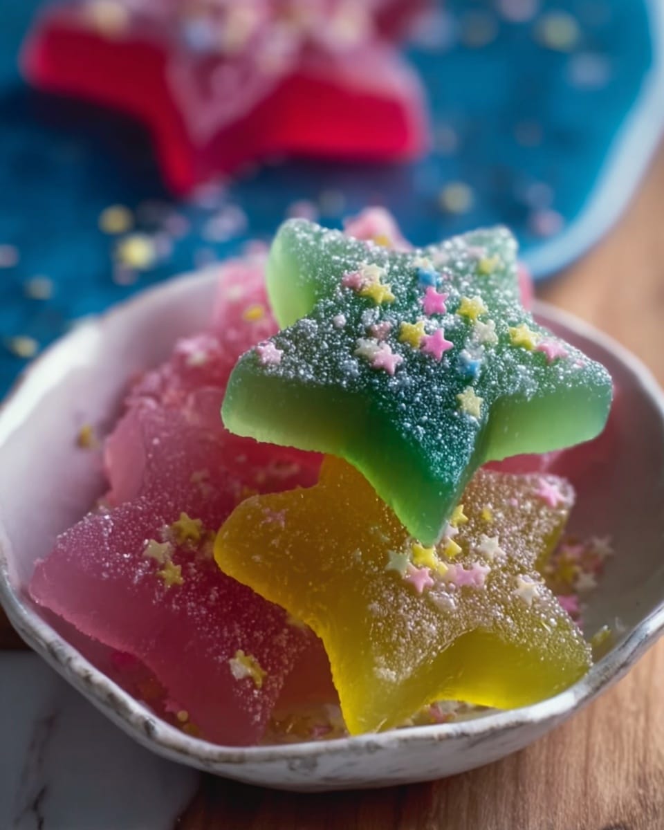 A close-up of a small pile of star-shaped jelly candies in a white bowl with a slightly rough edge. The top star candy is green and has tiny white, pink, and yellow star sprinkles on it, with a sugar coating giving it a frosty texture. Below it, there are translucent yellow and pink star-shaped jelly candies filling the bowl. The background shows a blurred red and blue shape with tiny star sprinkles scattered around. The bowl is placed on a wooden surface with a white marbled texture behind it. photo taken with an iphone --ar 4:5 --v 7