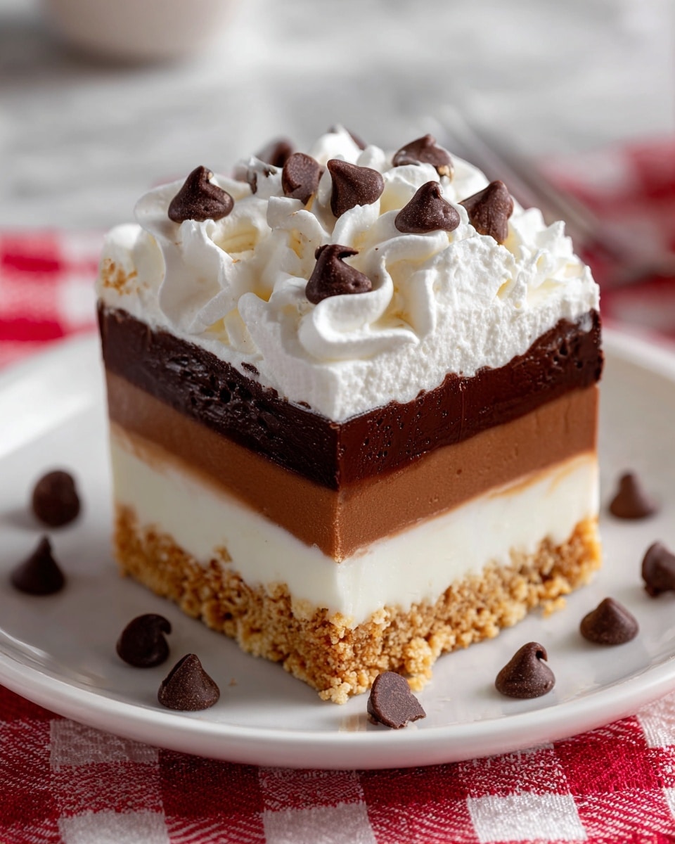 A square dessert slice with four distinct layers sits on a white plate over a red and white checkered cloth. The bottom layer is a crumbly, light brown crust. Above that is a smooth, creamy white layer. The third layer is thick and glossy dark chocolate, showing a slightly wet texture. The top layer is fluffy white whipped cream, adorned with scattered dark chocolate chips both on top and around the dessert on the plate. The white plate rests on a white marbled surface. photo taken with an iphone --ar 4:5 --v 7